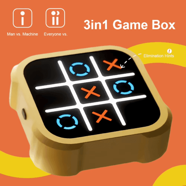 a game with a square yellow object with a black square with white text