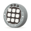 a round grey object with white buttons