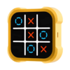 a yellow square game with a black square with red x and blue circles