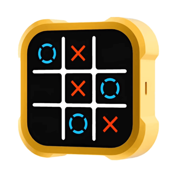 a yellow square game with a black square with red x and blue circles